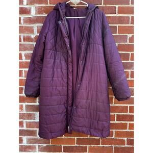 Fabletics Long Puffer Coat Women’s Medium Purple Hooded Quilted Winter Jacket